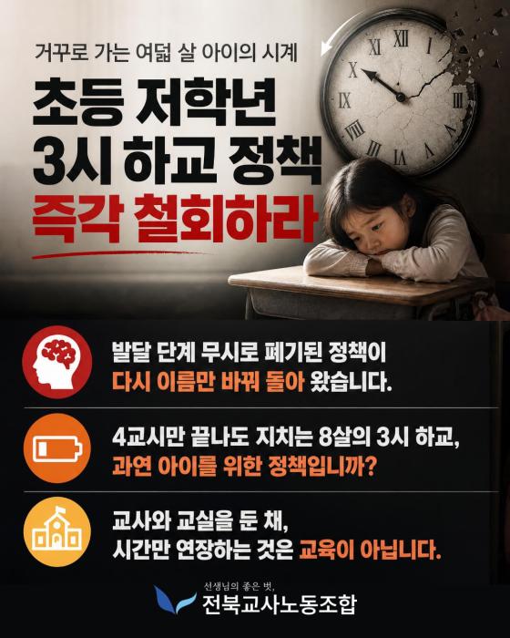 전북교사노조, "초등 '3시 하교' 전면 철회하라" 기사 이미지